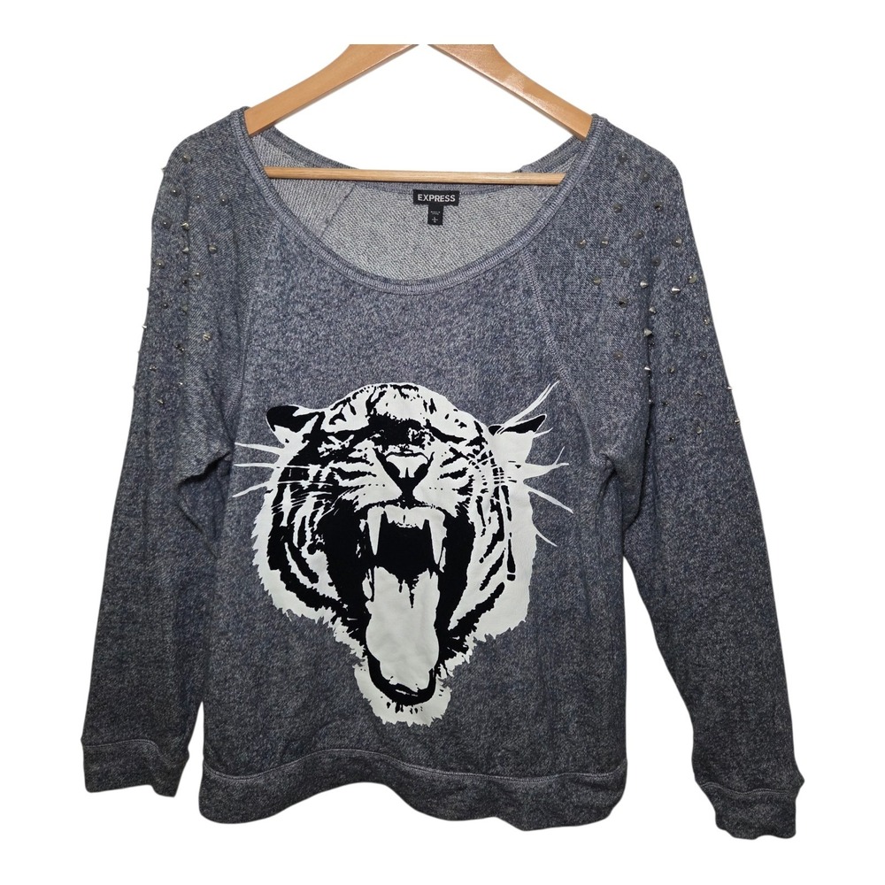 Velvet Burnout Tiger Graphic Studded Sweatshirt Womens Large Gray Grunge Edgy